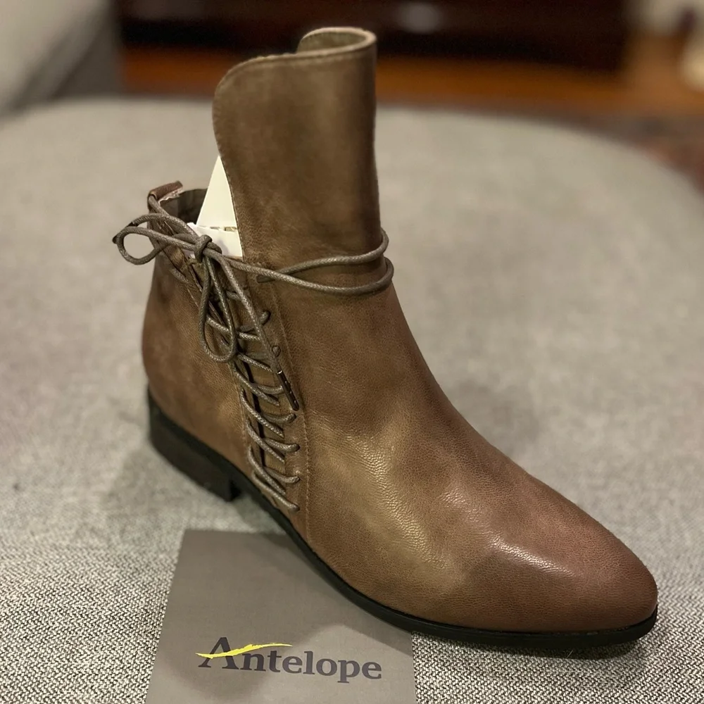 Antelope Taupe Leather Hi Front Tied Ankle Boots - Picture 3 of 13
